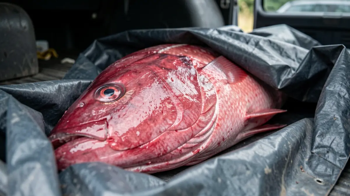 Close-up of large red tuna covered by a tarp inside a vehicle.
