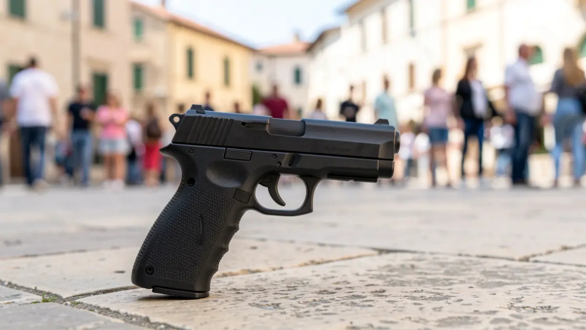 Réplica de pistola de aire comprimido sobre adoquines en una plaza pública.