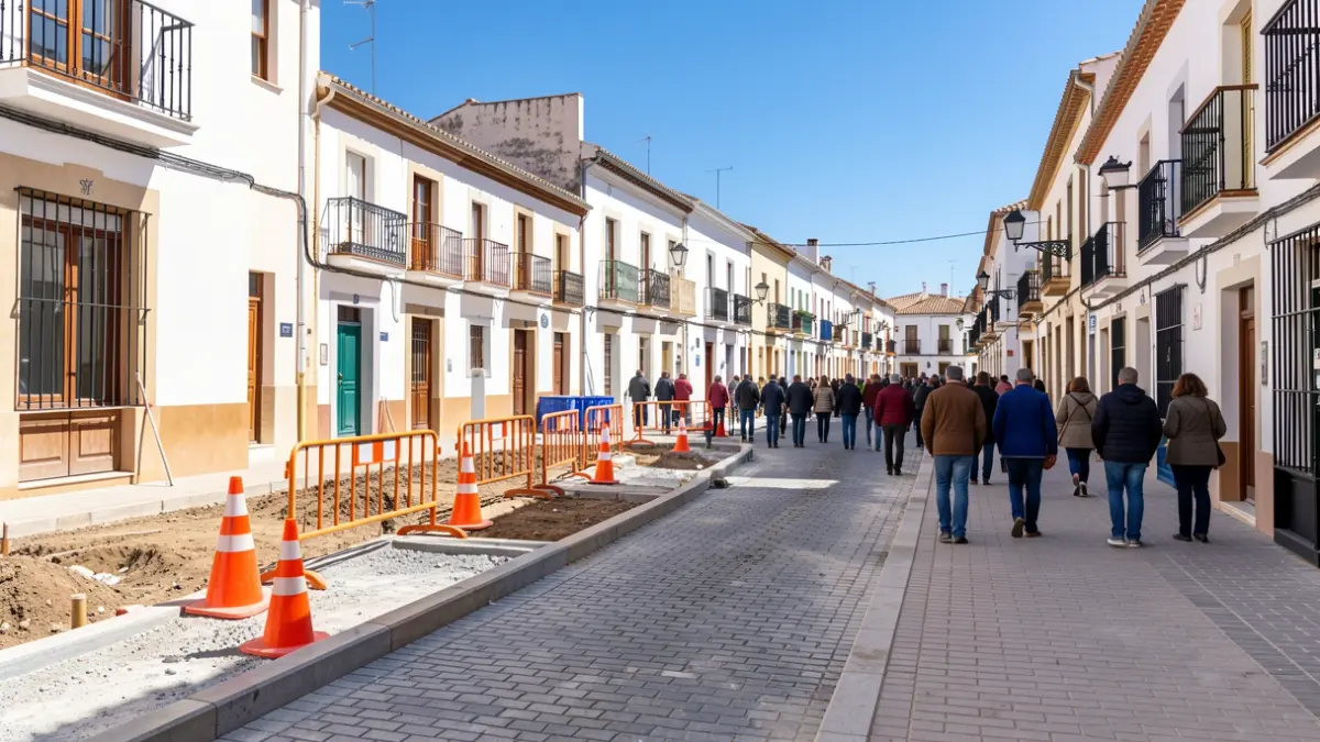 Renovation works on Calle Sevilla in Sanlúcar de Barrameda with machinery and safety barriers.