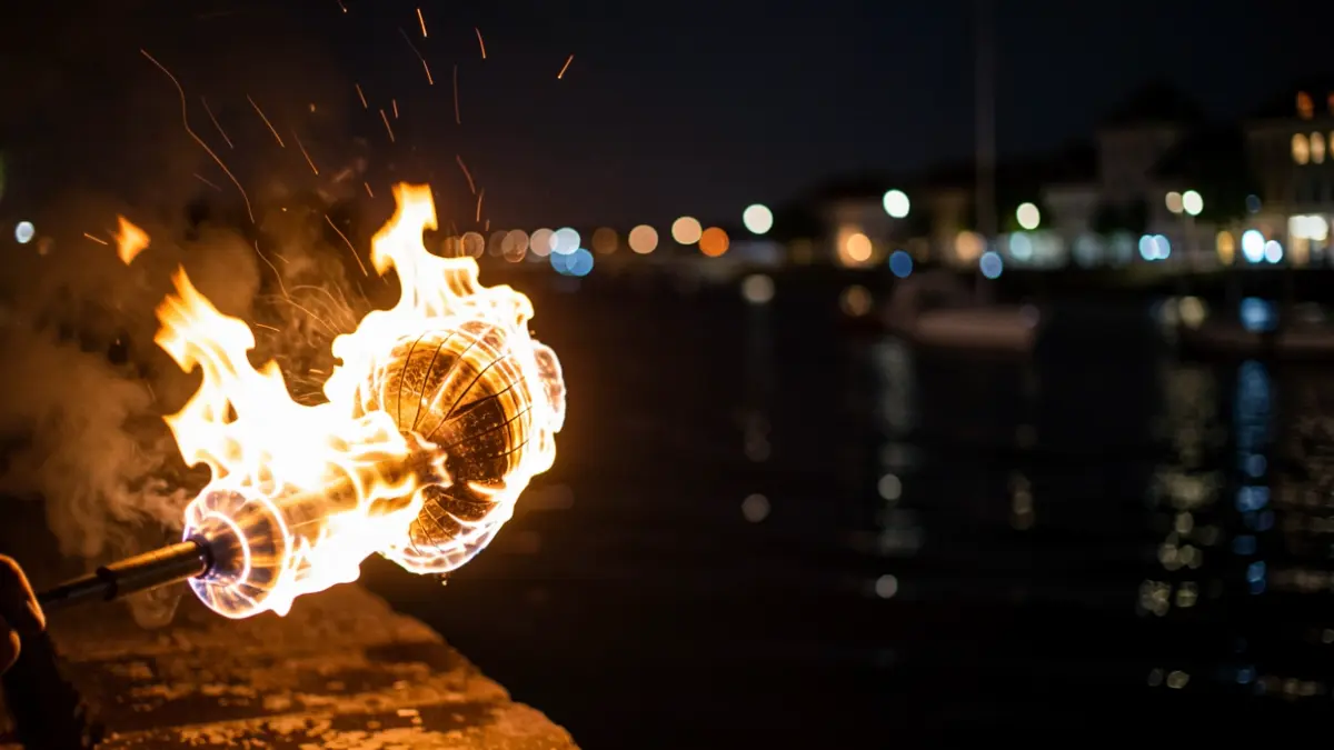 A lit flare over dark water at night.