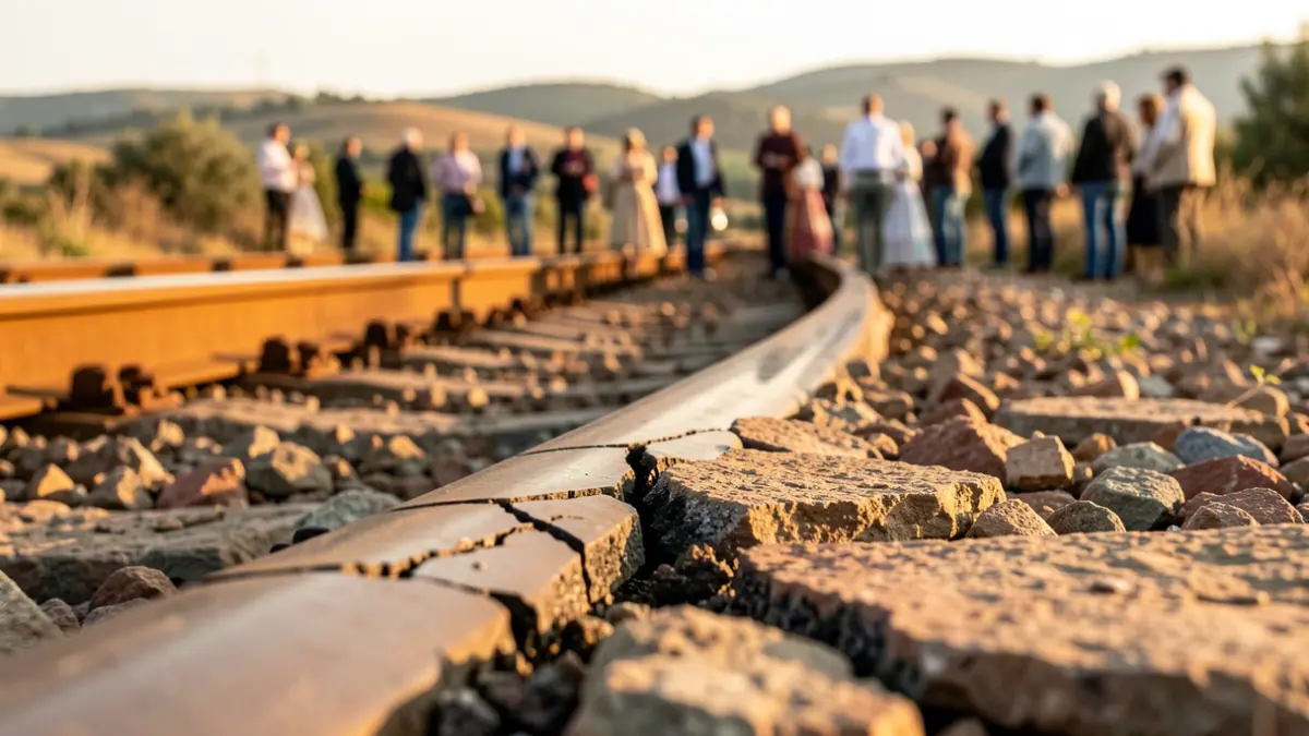 Close-up of a broken railway track in Andalusia, with warm sunlight.