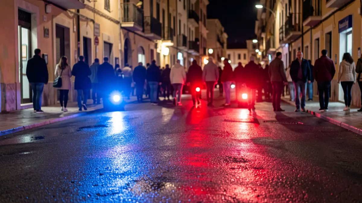 Generic image of police emergency lights reflecting on asphalt at night.