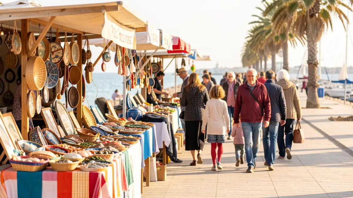 Mercado marinero en Isla Cristina con puestos de artesanía y gastronomía junto al mar.