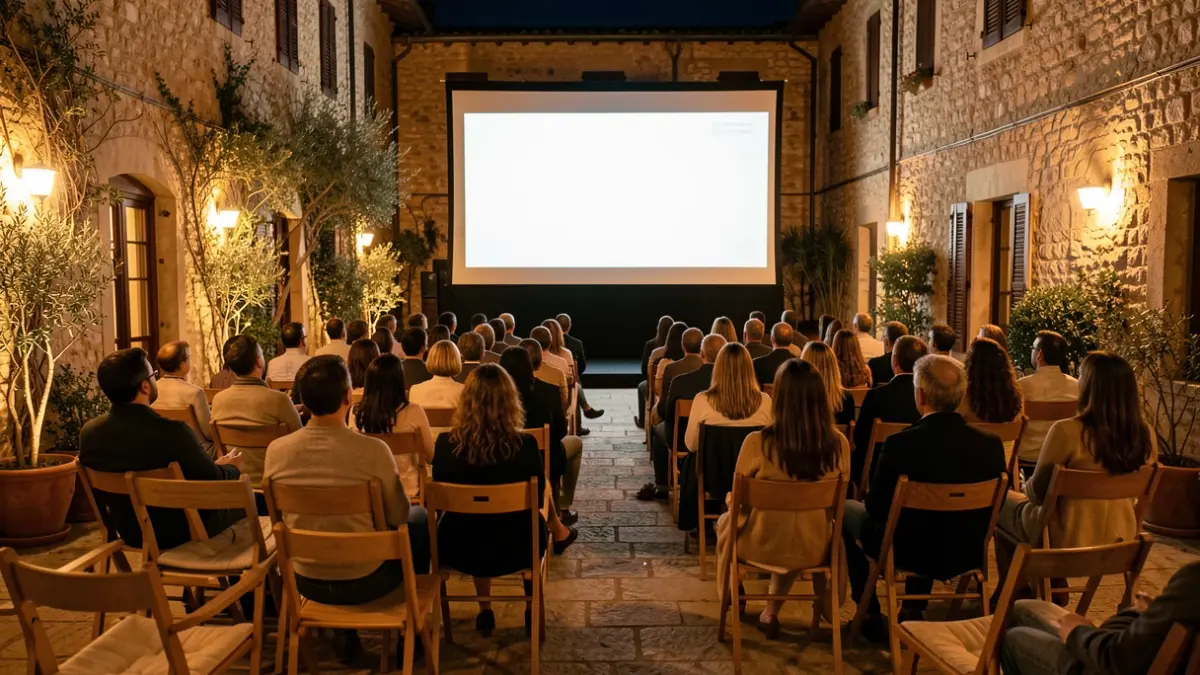 Imagen de un cine de verano al aire libre en un patio andaluz.