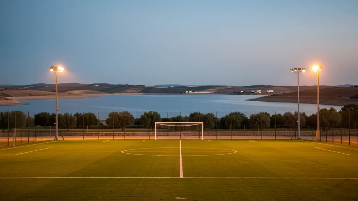 Women's Football 7 field in Iznájar with the Andalusia reservoir in the background.