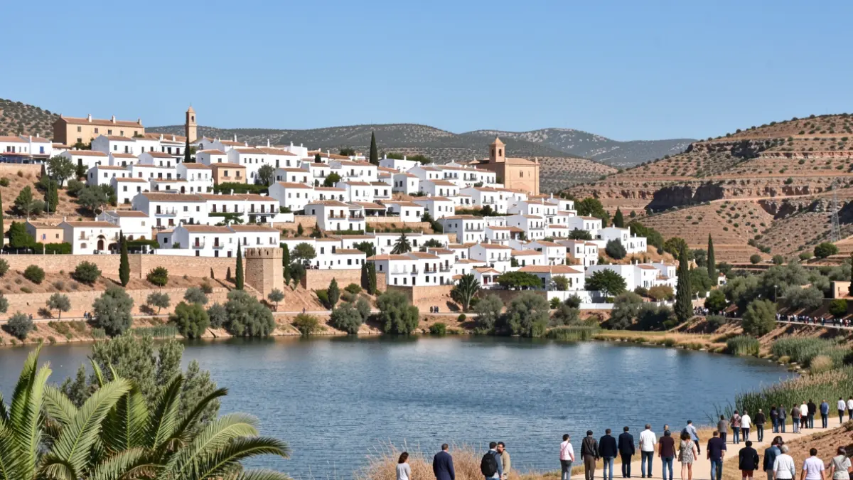 Vista panorámica del municipio de Iznájar, destacando su arquitectura tradicional y su entorno natural.