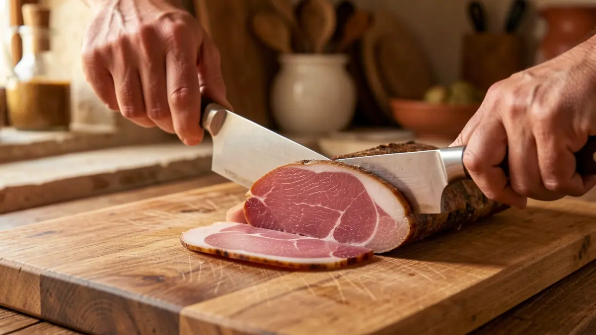 Generic image of a professional knife slicing ham on a wooden board.