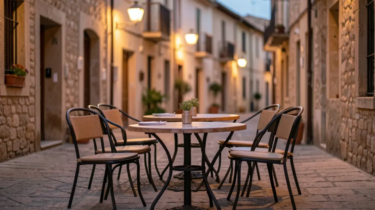Mesas y sillas de terraza en una calle de ciudad española al atardecer.