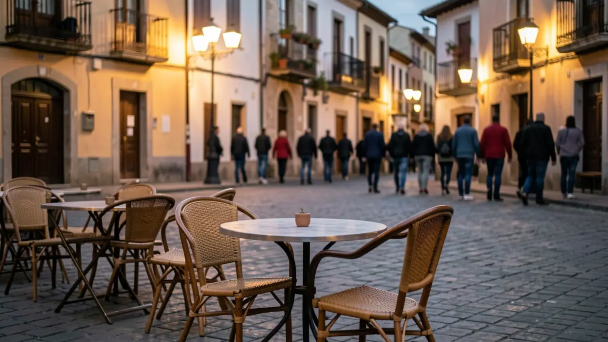 Mesas y sillas de terraza en una calle de Jaén al atardecer.