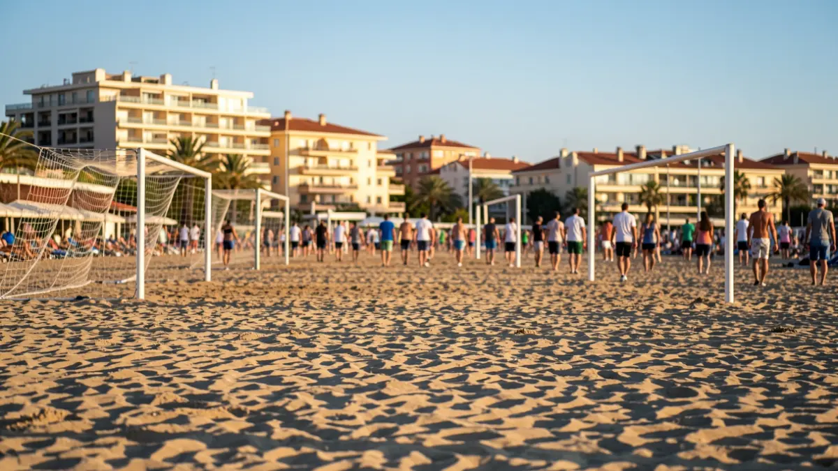 Sandy football beach field with goalposts, under warm afternoon light, with blurred hotel buildings in the background.