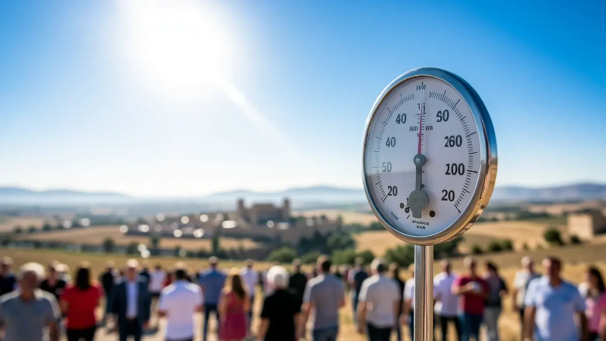 Termómetro marcando alta temperatura con cielo azul y paisaje de Jaén al fondo.
