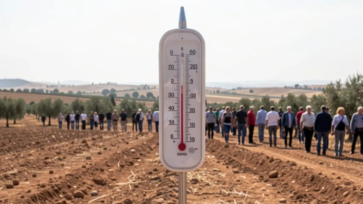 Termómetro marcando alta temperatura en un paisaje andaluz seco bajo un cielo brumoso.