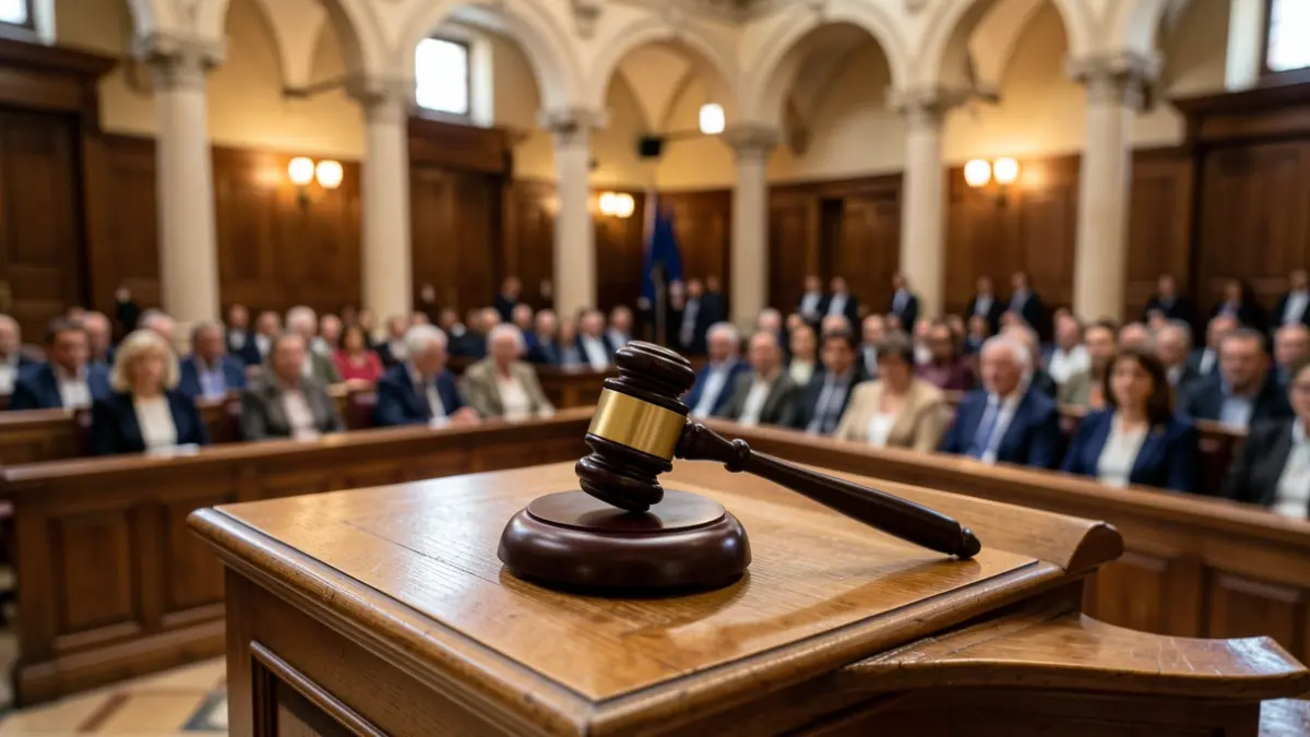 Generic image of a gavel on a podium in an empty parliament.
