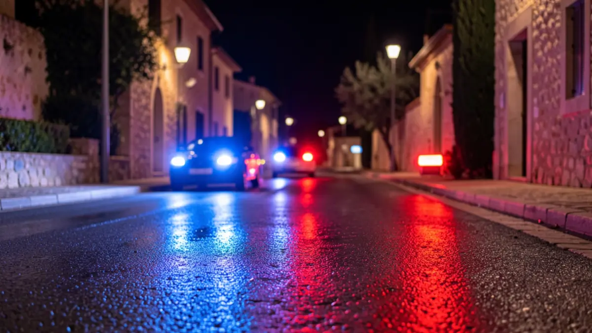 Generic image of emergency lights reflected on asphalt.