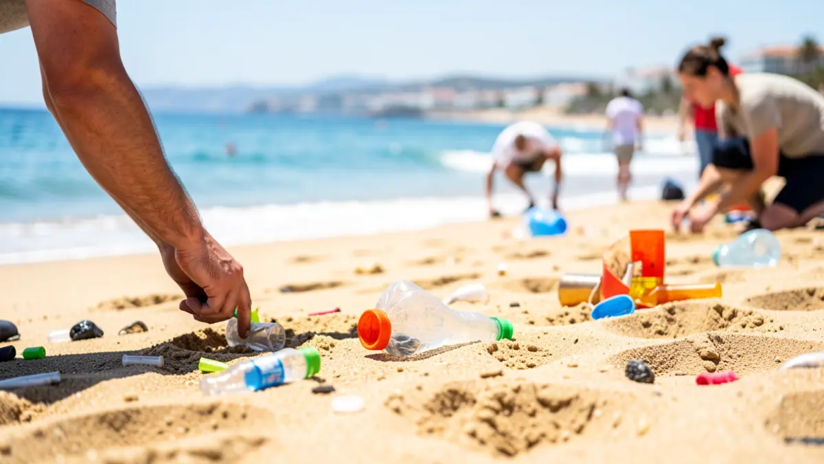 Voluntarios recogiendo basura en una playa de Mijas.