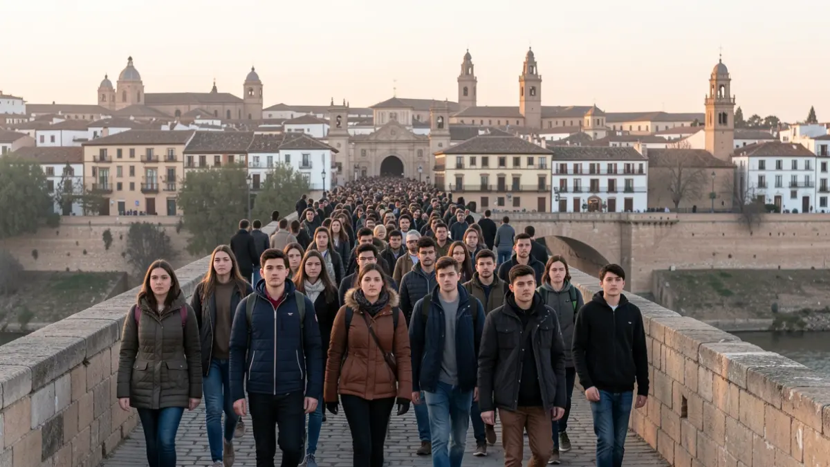 Young people on a pilgrimage crossing the Roman Bridge of Córdoba at dawn.