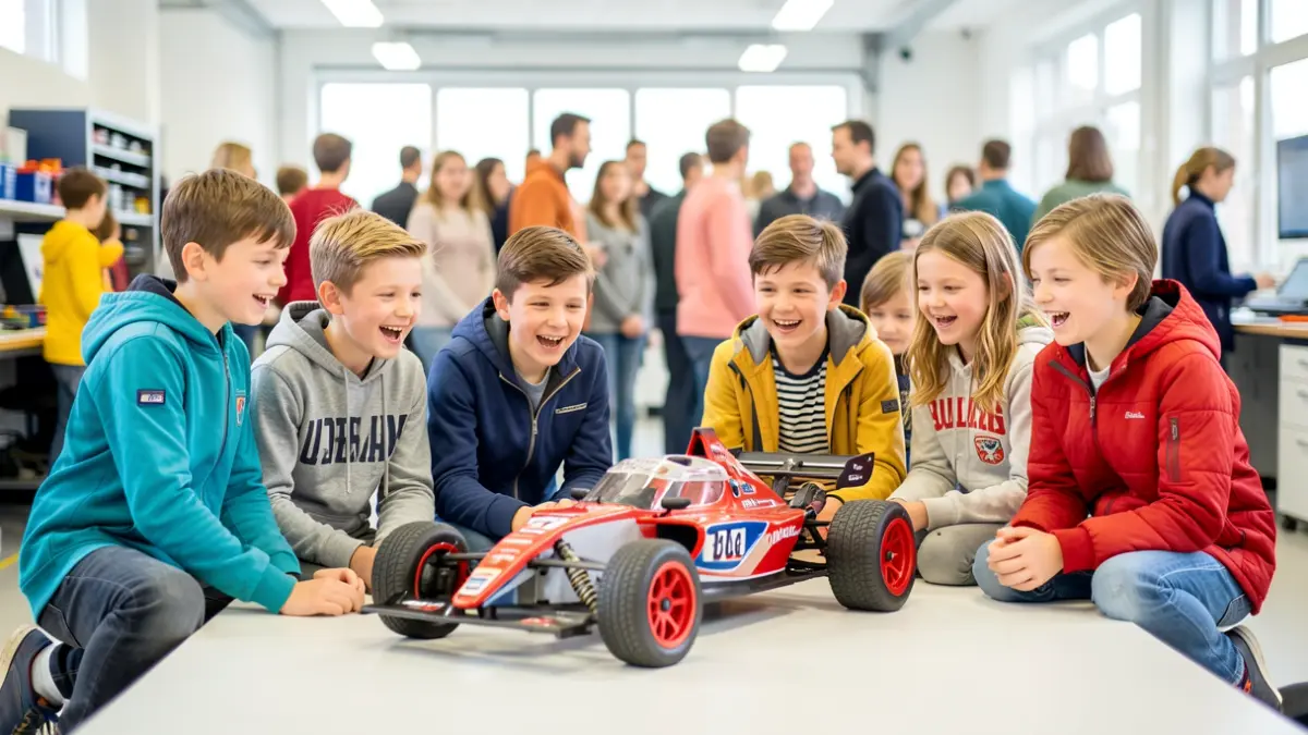 Young students with a scale model racing car prototype.
