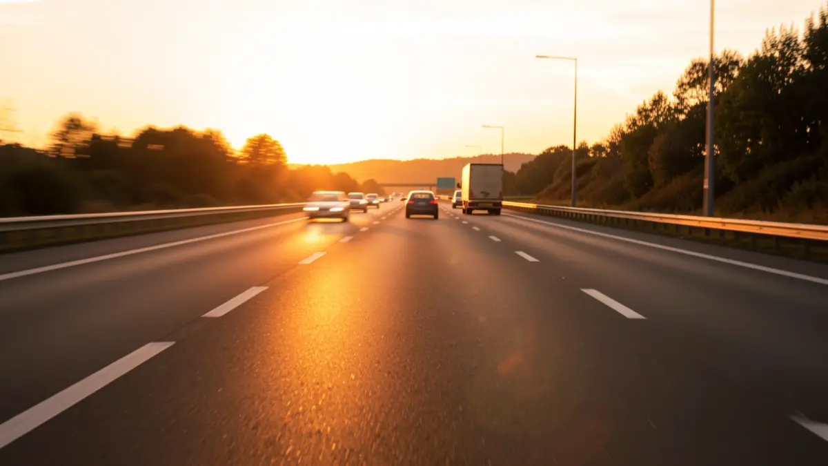 Generic image of a highway with fluid traffic at sunset.