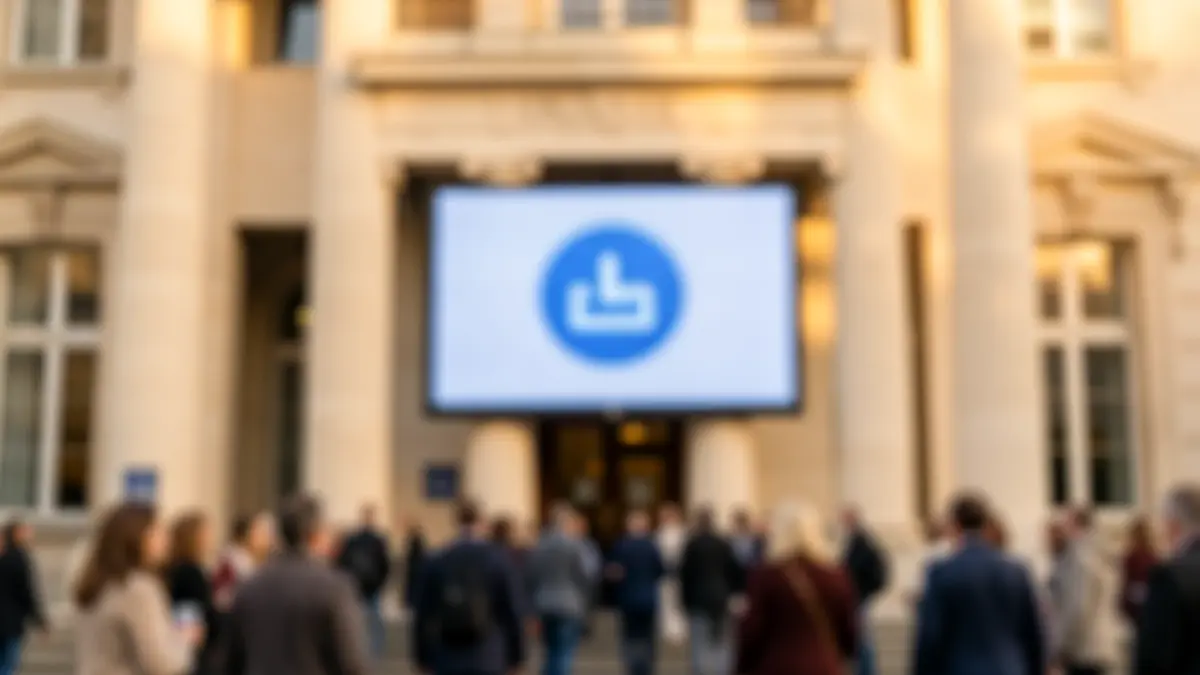 Generic image of a government building with a digital screen showing a loading icon.