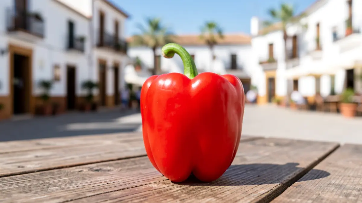 Vibrant red pepper on a rustic wooden table, with a sunny Andalusian town square in the background.