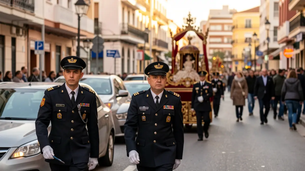Members of the Spanish Navy managing traffic in Almería during the Virgen del Carmen's procession.