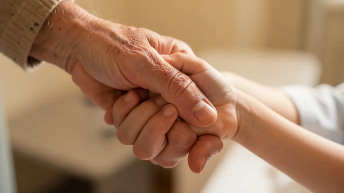 Primer plano de una mano adulta sosteniendo la mano de un niño, simbolizando cuidado y apoyo.