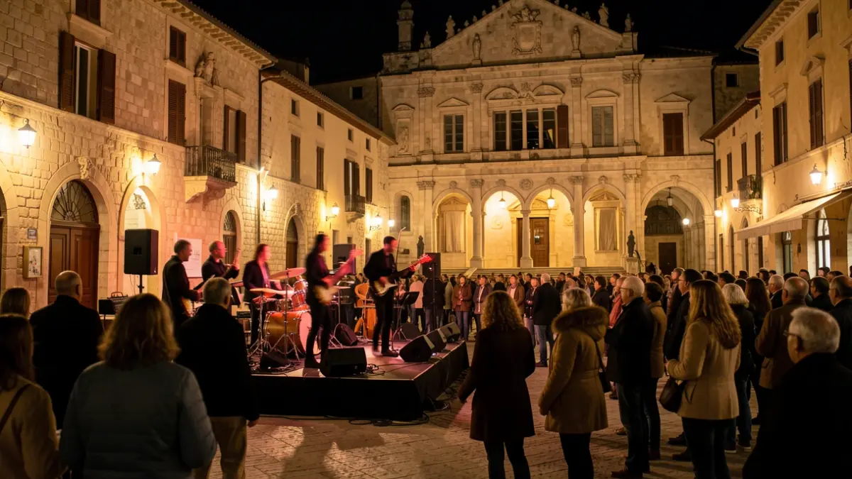 Escenario al aire libre durante un concierto nocturno en una plaza tradicional.