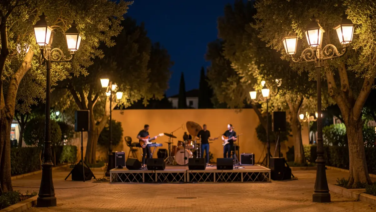 Imagen genérica de un concierto al aire libre en un entorno mediterráneo durante la noche.