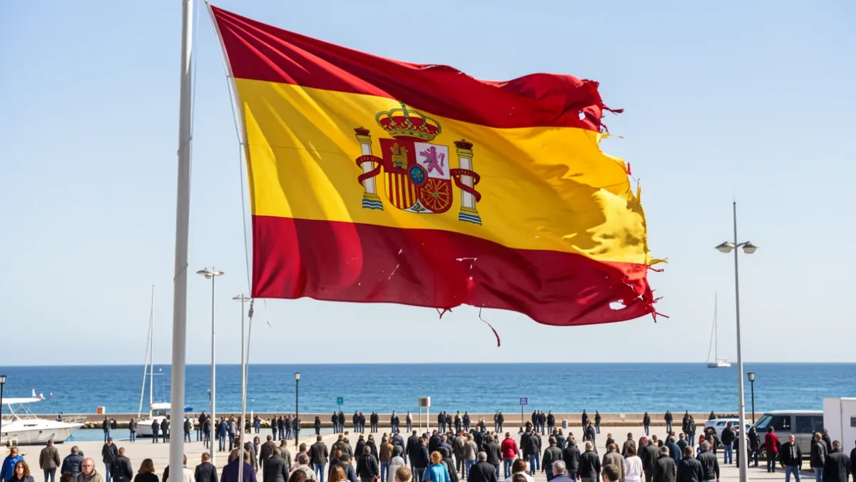 Bandera de España rasgada por el viento en la entrada del Puerto de Almería.