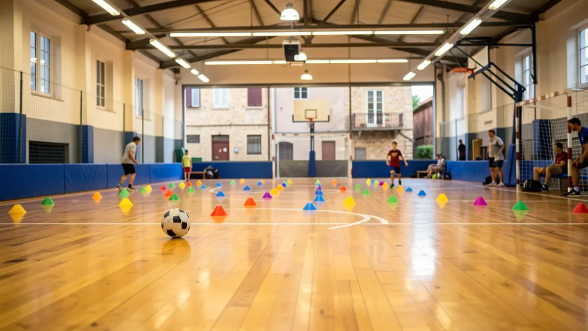 Indoor football court in an Andalusian neighborhood with sports equipment.