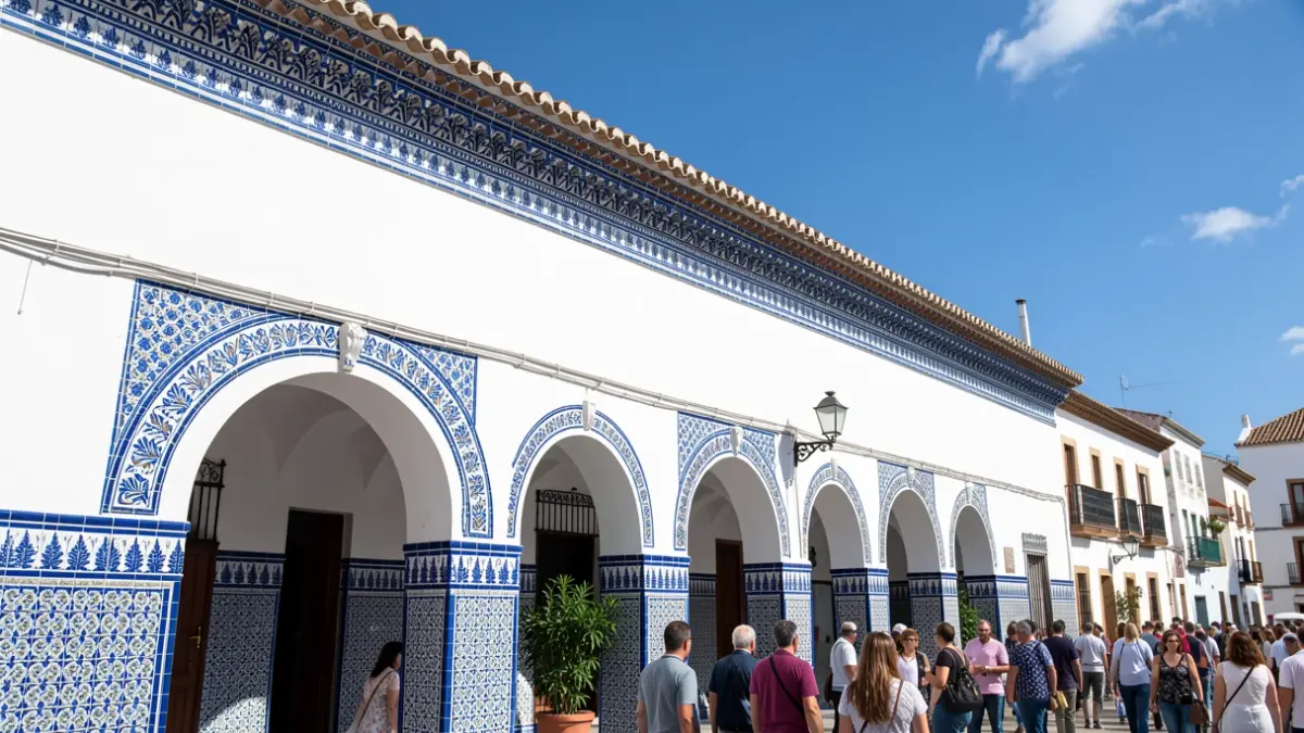 Generic facade of a white building with blue tiles, Andalusian architecture.