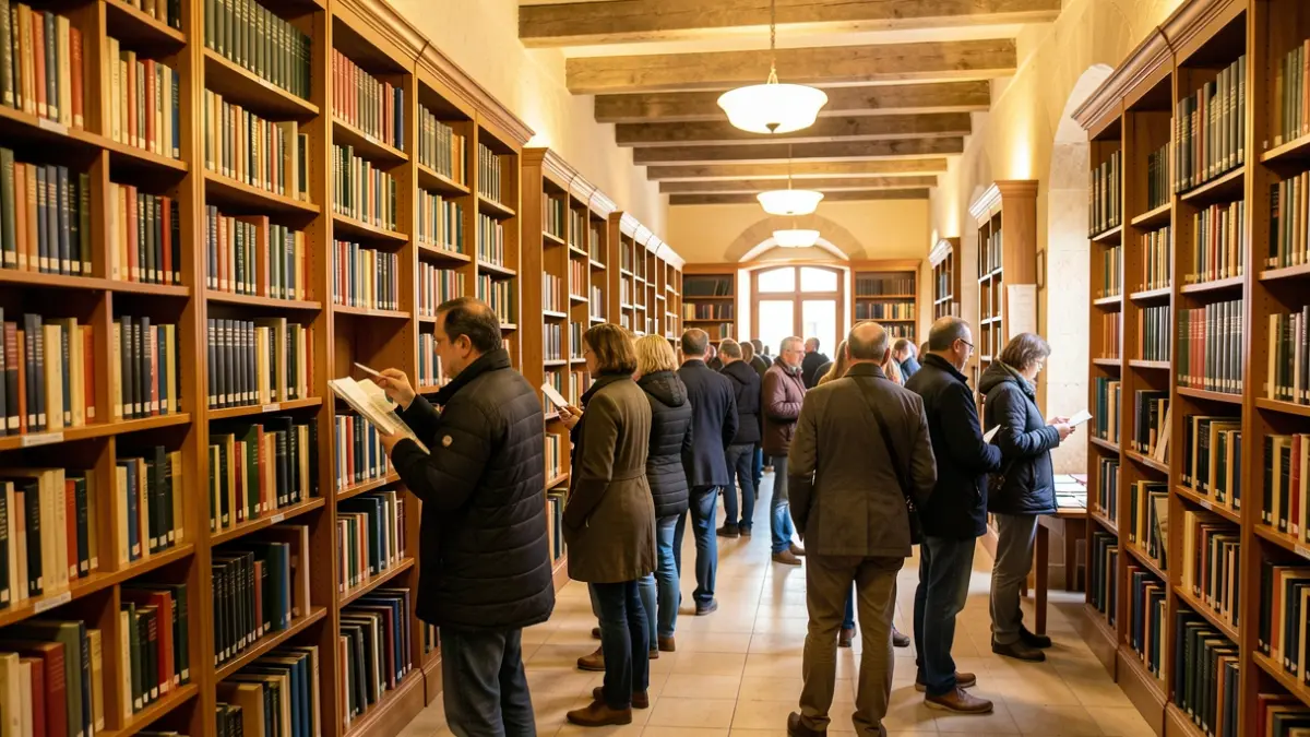 Interior de una biblioteca con estanterías llenas de libros en la comarca del Campo de Gibraltar.
