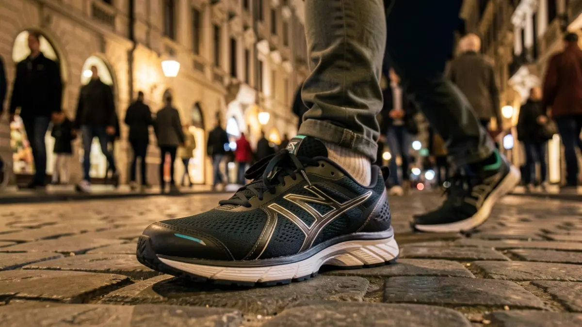 Imagen genérica de una zapatilla de deporte en una calle empedrada durante la noche.