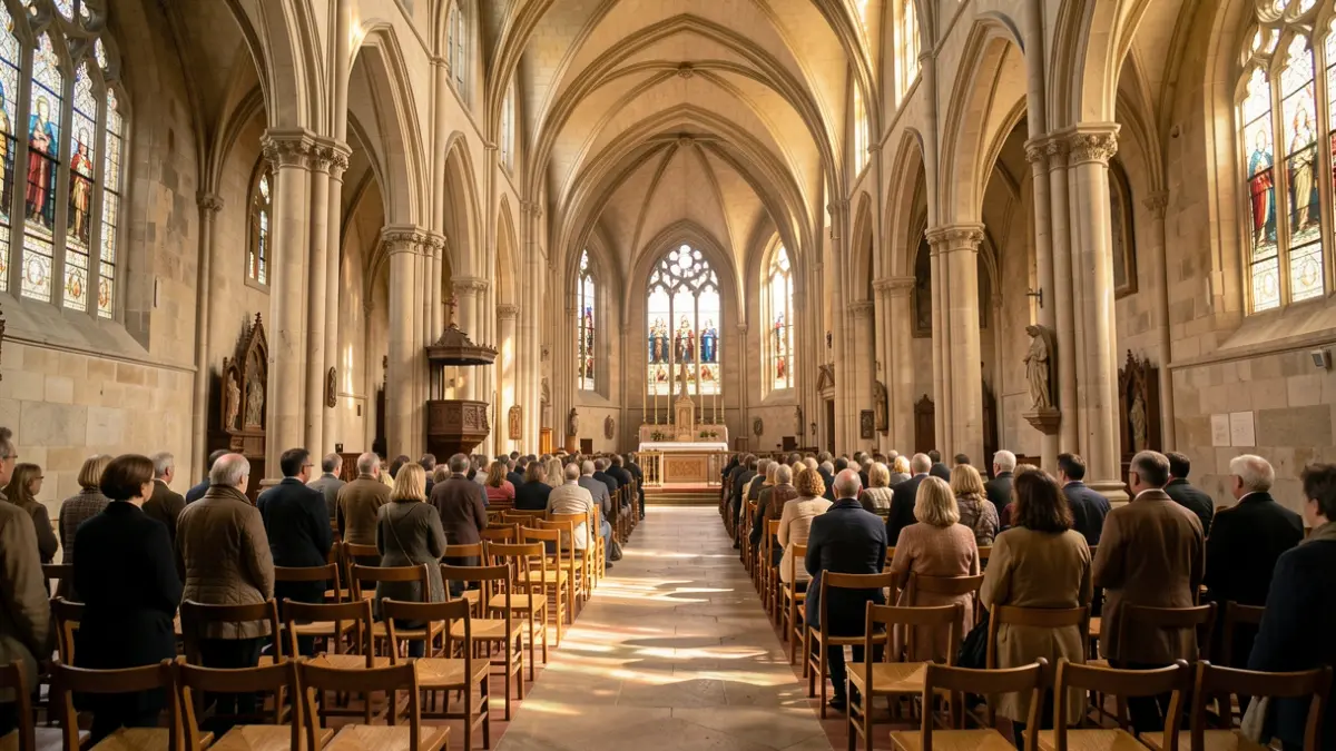 Generic image of a cathedral interior with natural light and wooden pews.