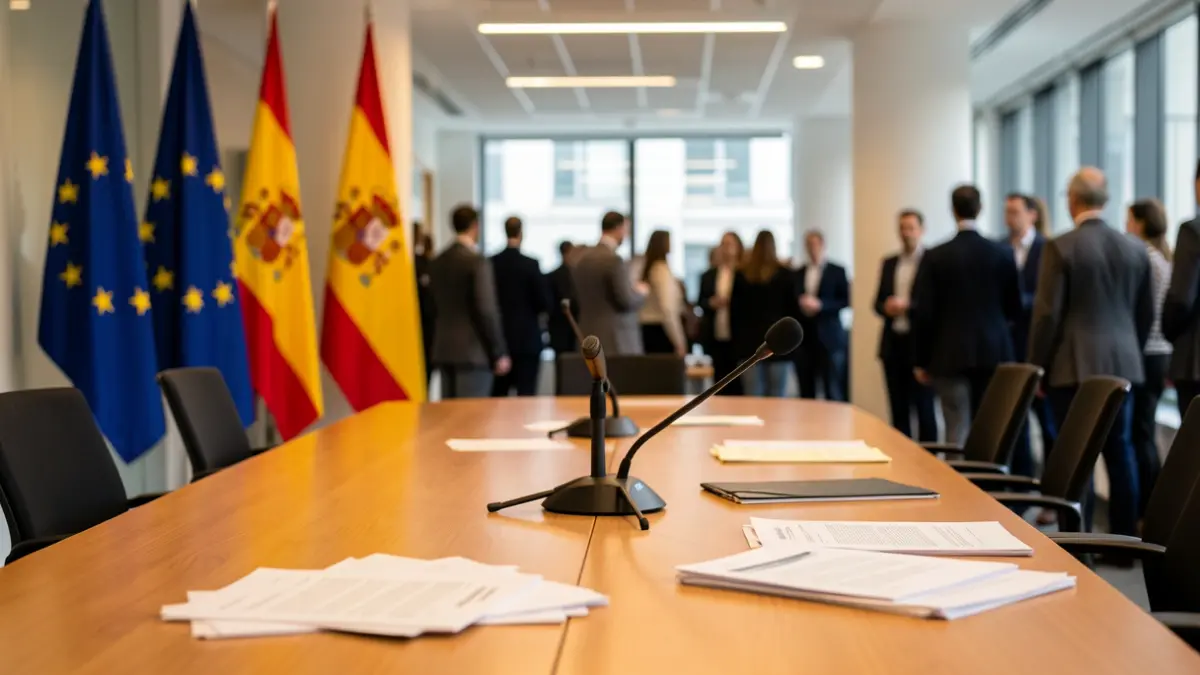Image of an institutional meeting room with flags and documents on a table.