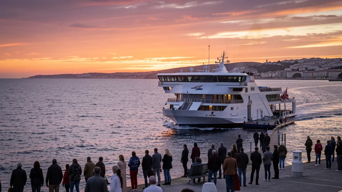 Ferry navegando cerca de la costa de Huelva al atardecer.