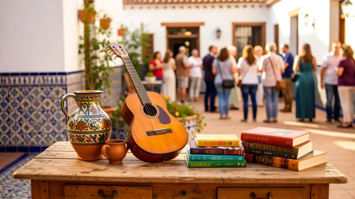 Imagen genérica de elementos culturales andaluces como cerámica, guitarra y libros.