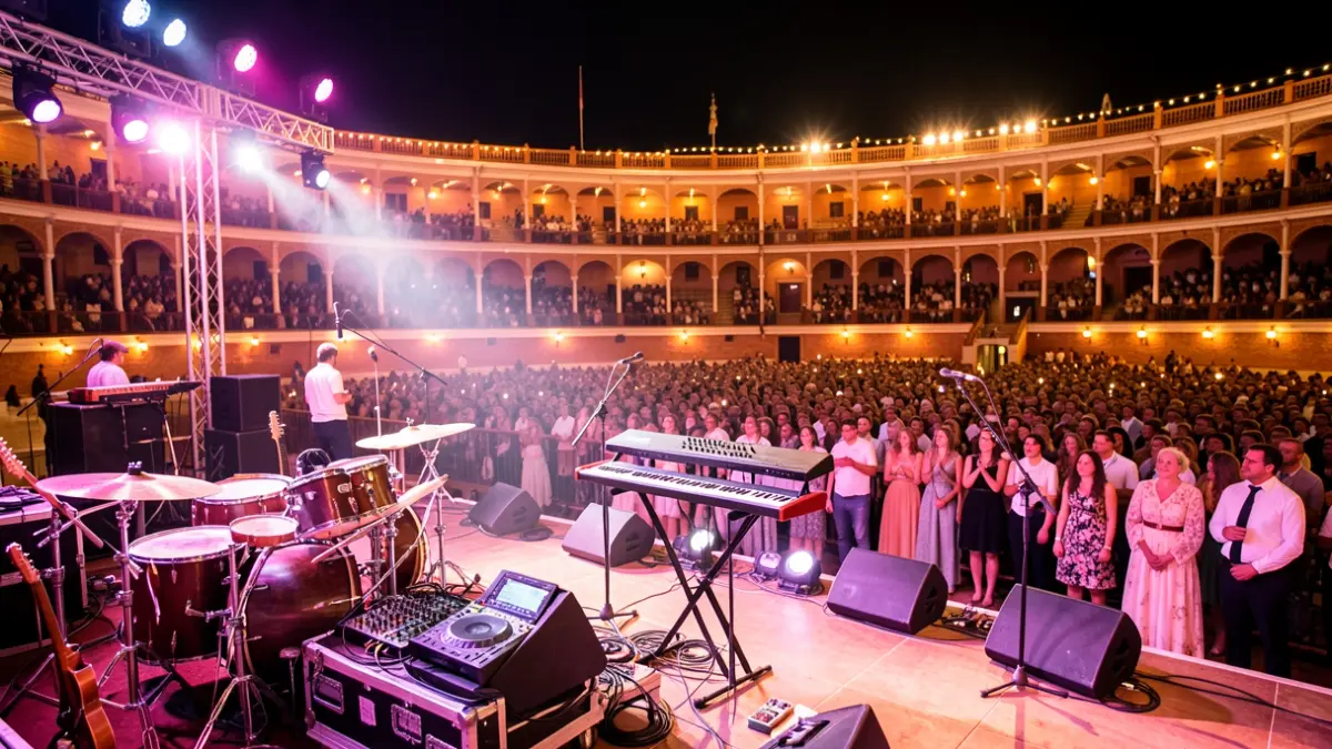 Imagen genérica de una plaza de toros andaluza por la noche, con un escenario preparado para un concierto.