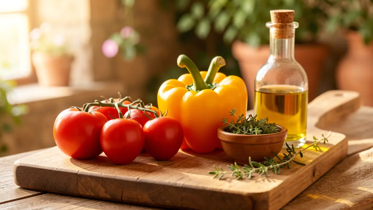 Ingredientes frescos de la dieta mediterránea, incluyendo verduras de Almería y aceite de oliva.