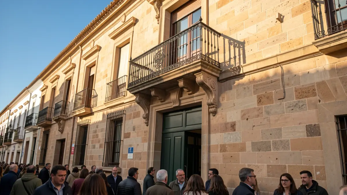 Facade of an Andalusian town hall with a balcony and iron railings, afternoon sunlight.