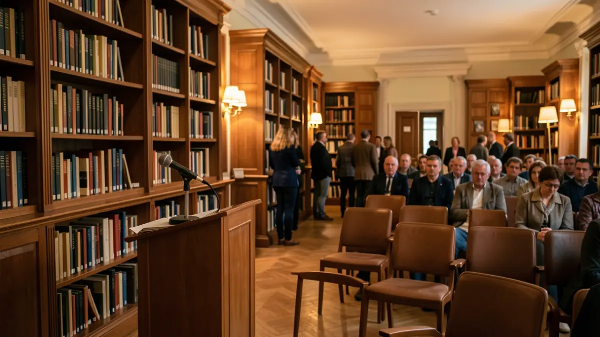 Imagen genérica de una sala de actos con un atril y micrófono, preparada para una presentación literaria.
