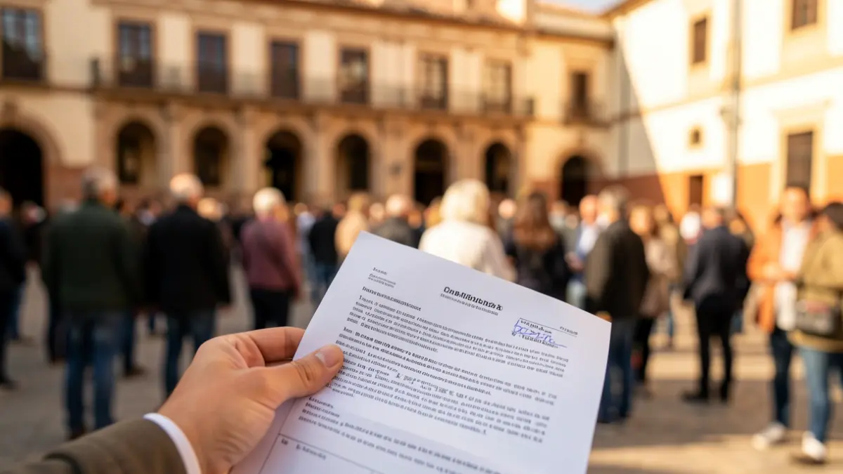 Primer plano de una mano sosteniendo un contrato con el fondo desenfocado de la fachada de un ayuntamiento andaluz.