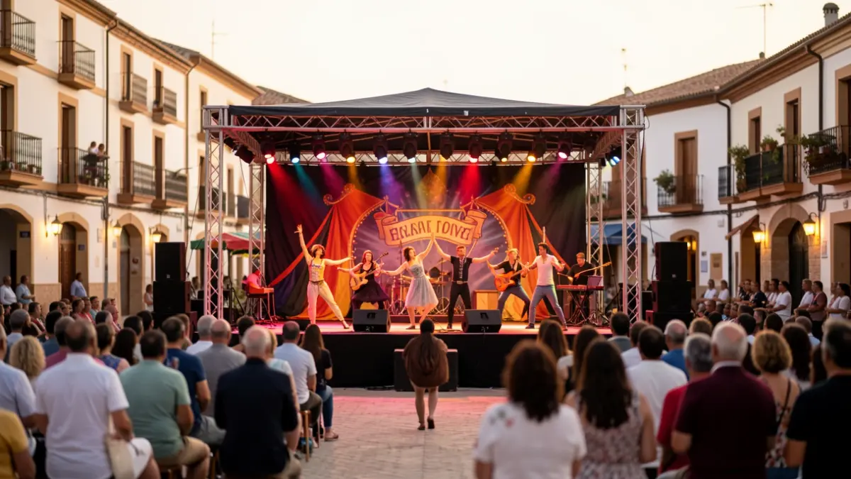 Escena de una representación teatral al aire libre en una plaza de Andalucía, con elementos de circo y danza.