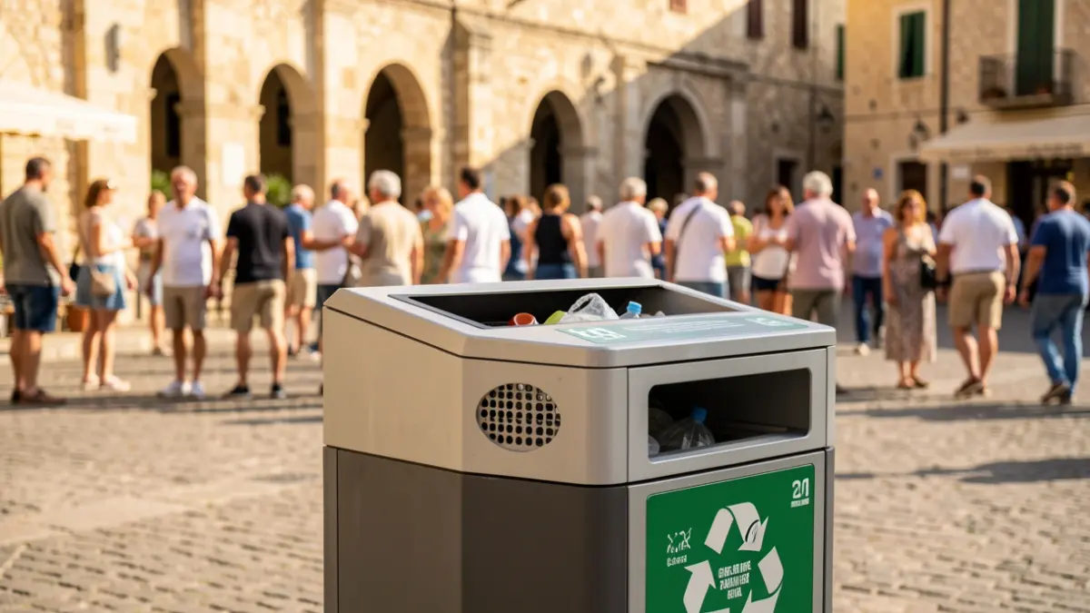 Contenedor de reciclaje en una plaza andaluza con arquitectura tradicional al fondo.