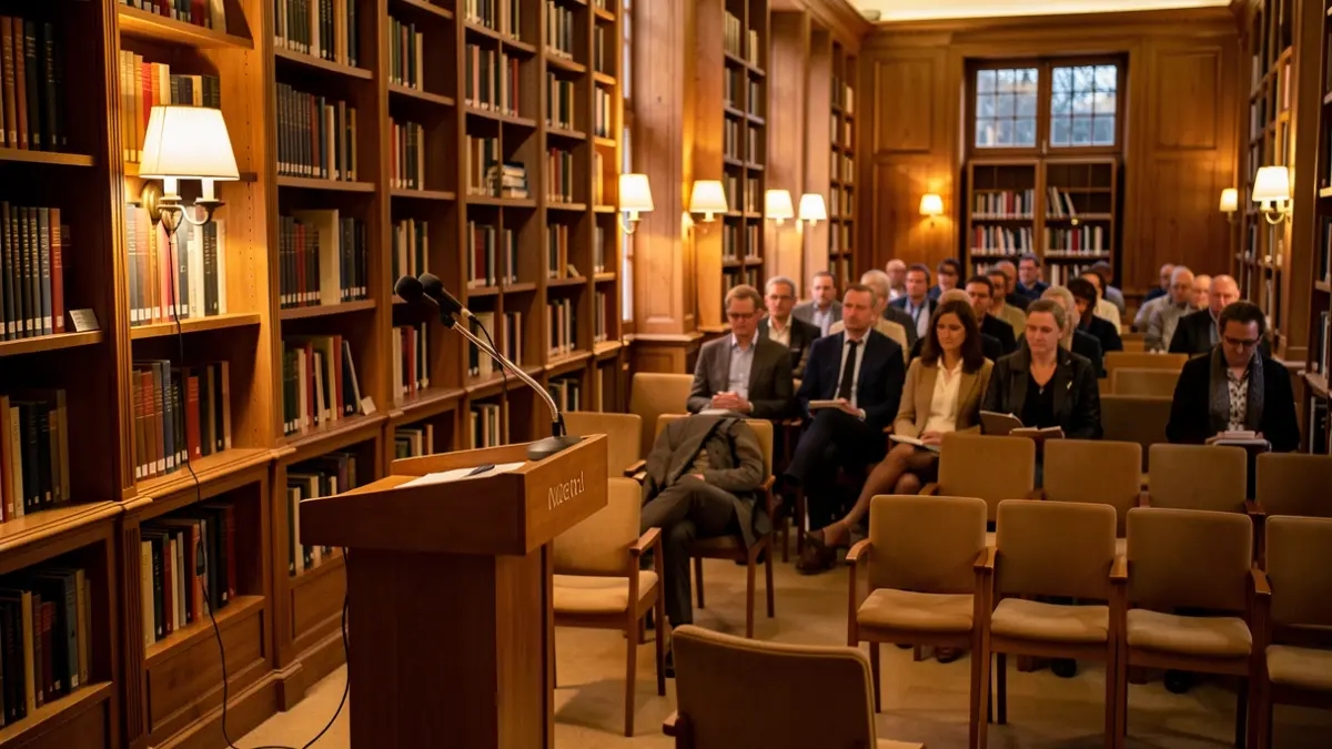Imagen genérica de una biblioteca con un atril y micrófono para eventos culturales.