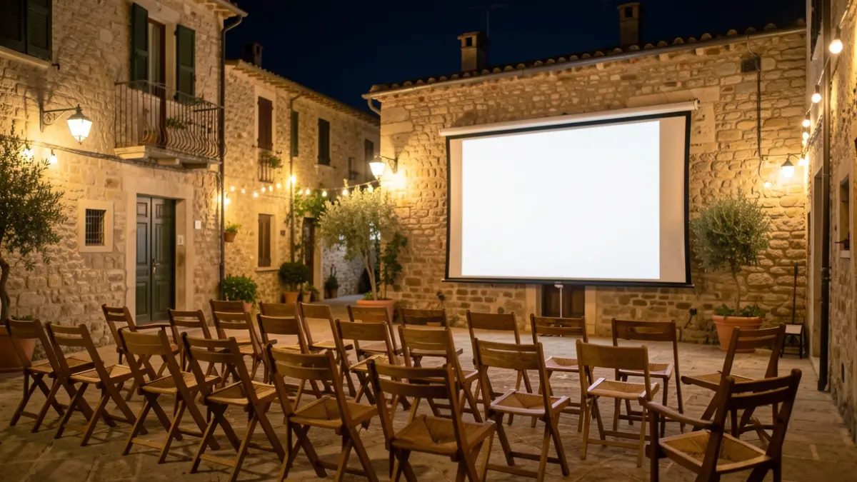 Imagen genérica de una pantalla de cine al aire libre en una plaza de pueblo durante la noche.