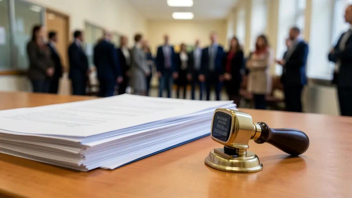 Documentación administrativa oficial sobre una mesa de oficina.