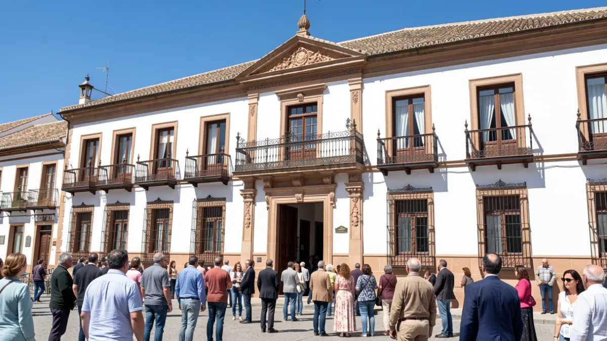 Facade of a traditional Andalusian town hall with ornate balconies and white walls, under sunlight.