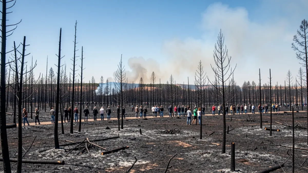 Burned forest landscape in Andalusia with smoke in the distance.