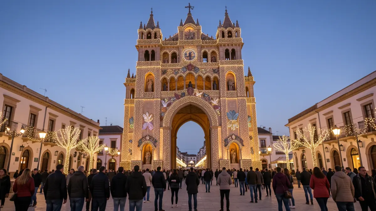 New monumental entrance for the Almería Fair inspired by the Casa de las Mariposas, illuminated with thousands of fairy lights.